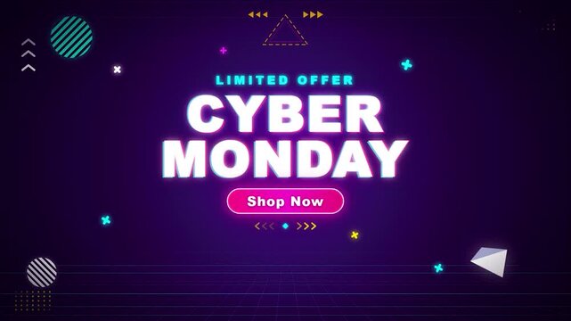 Cyber monday limited offer sale banner modern memphis style geometric neon purple background commercial promotion e-commerce digital marketing graphic