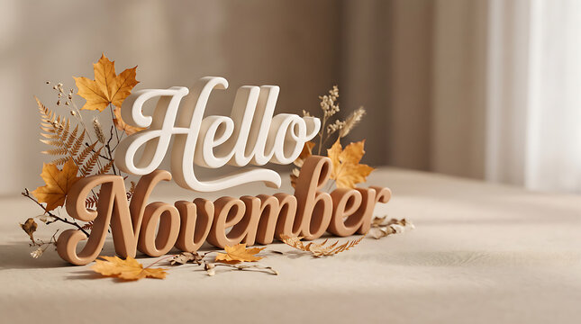 3D Hello November text on table with dried autumn leaves and soft lighting