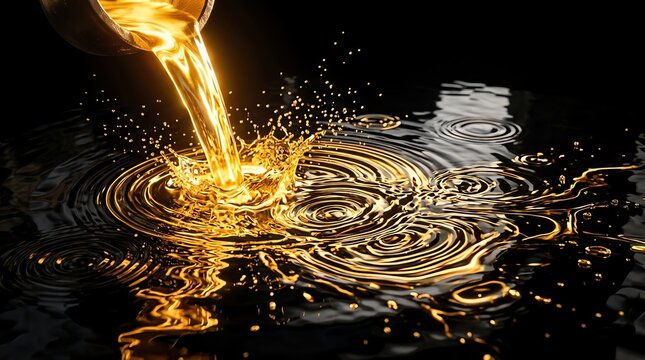 Golden Liquid Pouring and Splashing into Dark Water with Ripples