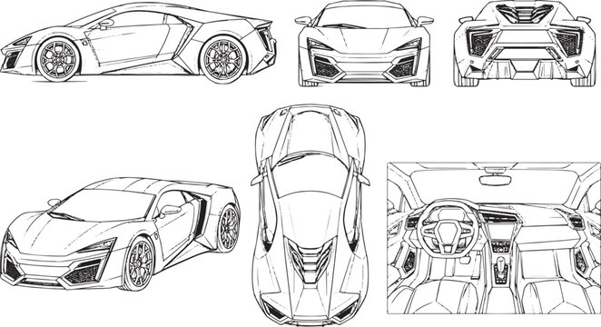 Exotic hypercar line art with side front rear top and interior views