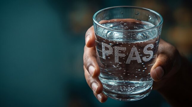 Person holding a glass of water with air bubbles forming the word PFAS representing forever chemicals contamination