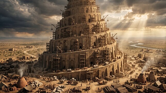 Massive ancient tower of Babel or ziggurat under construction with scaffolding