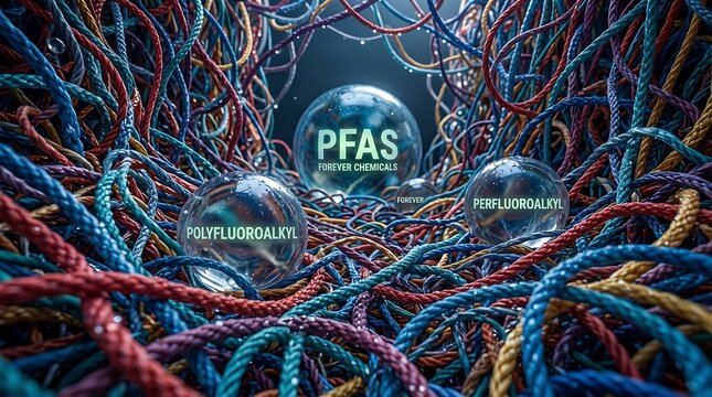 Conceptual representation of perfluoroalkyl and polyfluoroalkyl substances known as pfas forever chemicals trapped within a dense network of colorful tangled fibers