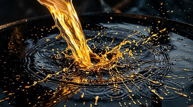 Golden Liquid Pouring and Splashing into Dark, Wavy Surface