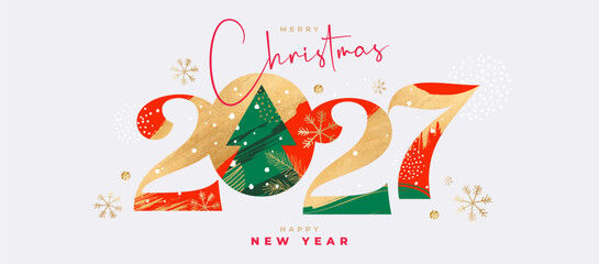 Plakat Merry Christmas and Happy New Year 2027 greeting card, poster, web banner, holiday cover. Xmas template in art style with gorgeous number 2027 design in gold, red and green colors for ads and promo.