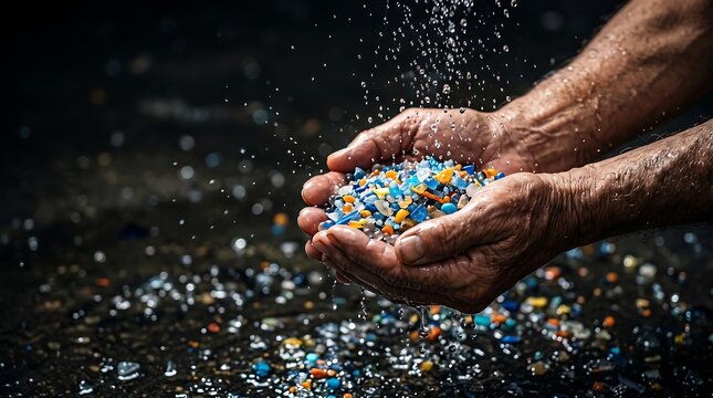 Hands catching colorful microplastic particles and pellets falling like rain against a dark background