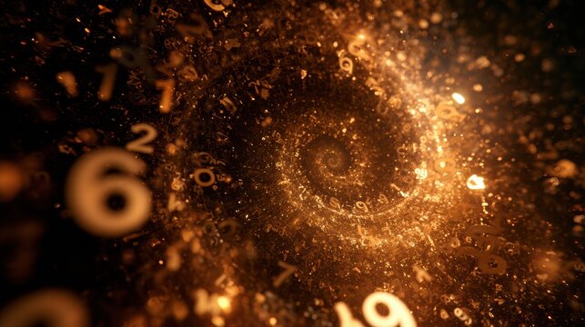Numbers form a recursive fractal pattern that illustrates mathematical beauty and complexity in a dark setting. The amber glow adds depth.