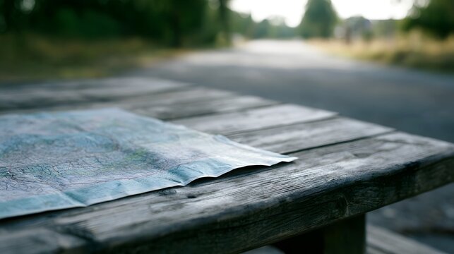 A folded route map rests on a weathered wooden table beside a quiet road  with blurred greenery in the background under soft daylight