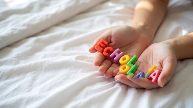 Hands holding colorful plastic toy letters spelling the word echolalia on a white fabric surface