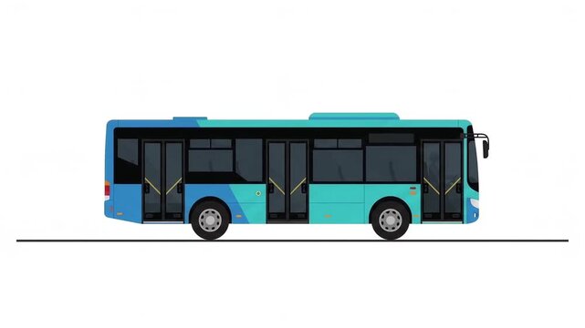 Modern blue public transit bus traveling along a road a side profile view of a contemporary city moving across a clear path