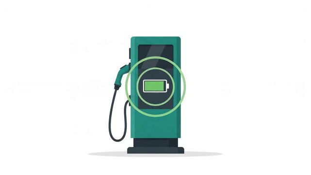 Electric vehicle charging station pillar with cable and battery display a flat vector animation of a public for cars