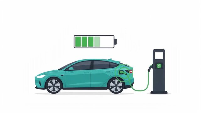 Electric car charging at public station with full battery indicator a flat vector animation showing an vehicle connected