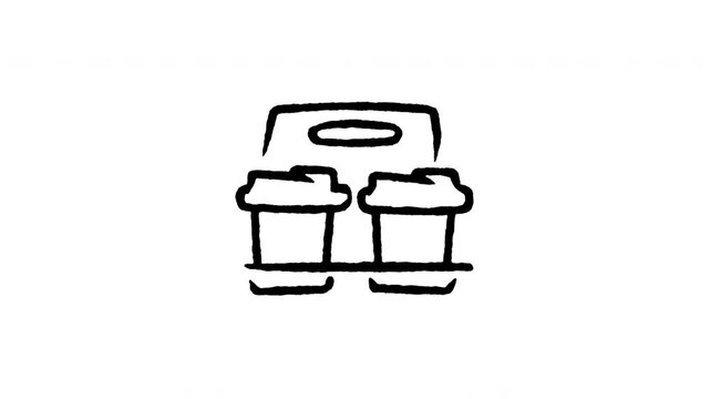 Animated doodle icon of a cardboard coffee takeout carrier tray with two cups.