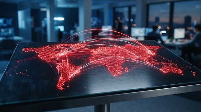 Modern control room with illuminated digital world map on a touch table operation center monitoring station computer