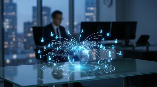 Businessman working at office desk with holographic global network connections hologram connection