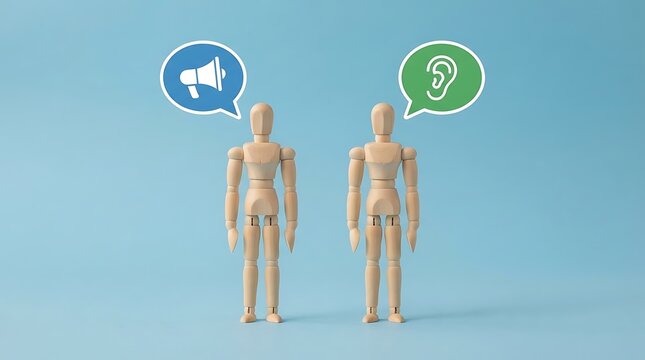 Two wooden mannequins representing communication with speaker and listener speech bubbles mannequin human model