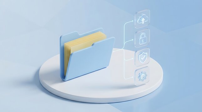 3D rendered blue file folder with digital interface menu on circular platform background data management rendering