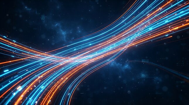 Abstract glowing data streams and fiber optic cables transmitting digital information through cyberspace with high speed