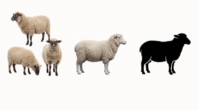 Three woolly sheep and a black silhouette sheep against a clean white background representing individuality