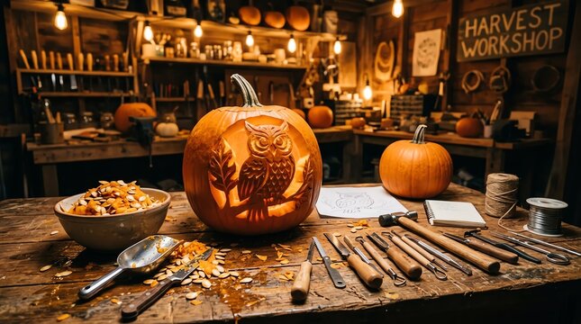 Halloween Pumpkin Carving Setup on a Rustic Workbench