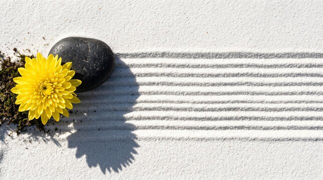 Vibrant yellow chrysanthemum on perfectly raked zen garden sand with massive copy space