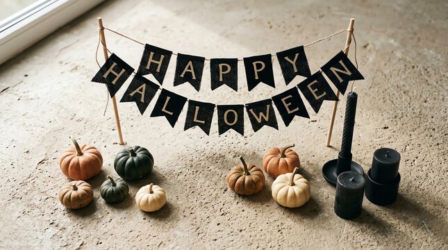 Happy Halloween Banner With Miniature Pumpkins And Candles