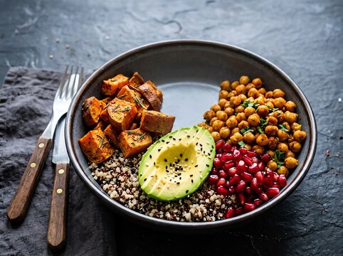 Healthy Buddha Bowl with Quinoa, Sweet Potato, Avocado, Chickpeas, and Pomegranate
