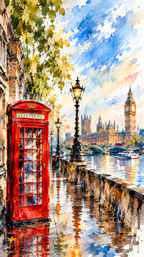 Iconic London Red Telephone Booth Watercolor Illustration, Classic British Telephone Box, London Phone Booth