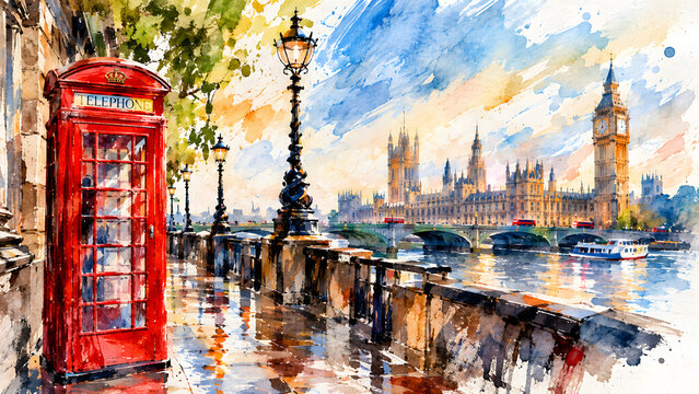 Iconic London Red Telephone Booth Watercolor Illustration, Classic British Telephone Box, London Phone Booth