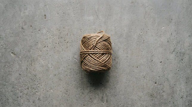 A ball of natural brown jute twine on a textured gray surface.