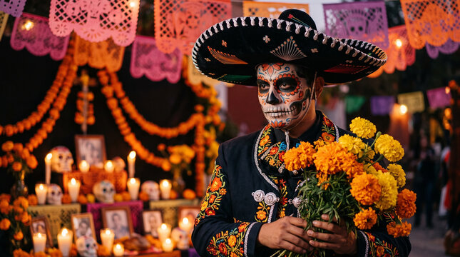 Man in sombrero celebrating Dia de Muertos with flowers and candles  