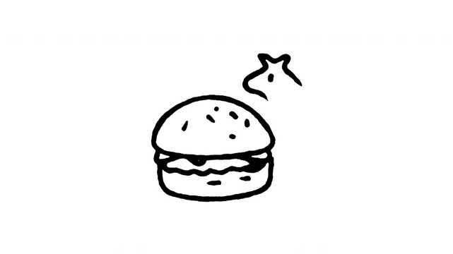 Animated doodle icon of a classic beef burger sandwich with sesame bun and cheese.