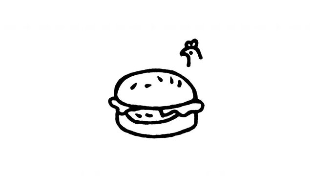 Animated doodle icon of a crispy chicken burger sandwich with lettuce and mayo.
