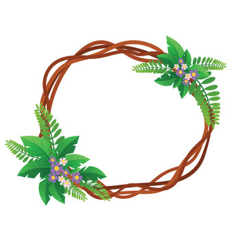 Wooden Branch Wreath Frame Background With Green Leaves And Flowers Flat Vector Illustration