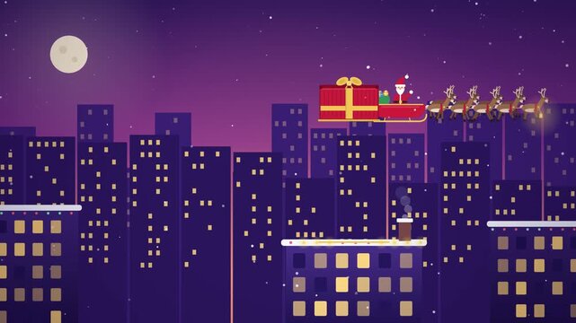 Santa Sleigh With Nine Reindeer Lowering Shipping Container onto City Rooftop at Sunset, Big Christmas Present Reveal With Confetti, Flat Vector Seamless Loop
