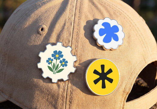 Enamel Pin Badge Mockup on Beige Baseball Cap