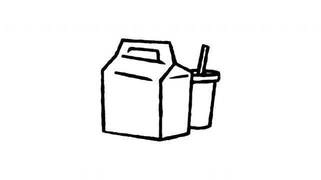 Animated doodle icon of a kids meal takeout box package with toy and drink.