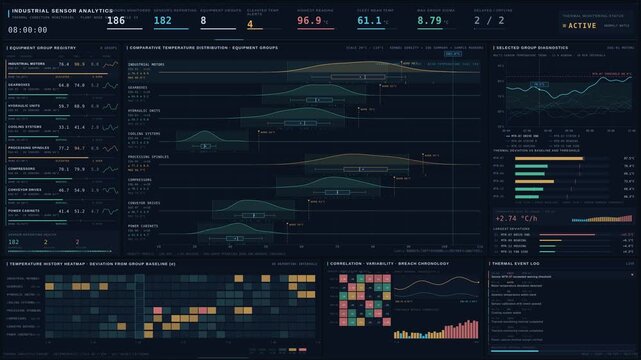Premium 4K industrial sensor analytics dashboard comparing temperature patterns across equipment groups with detailed thermal telemetry and condition monitoring visualizations.