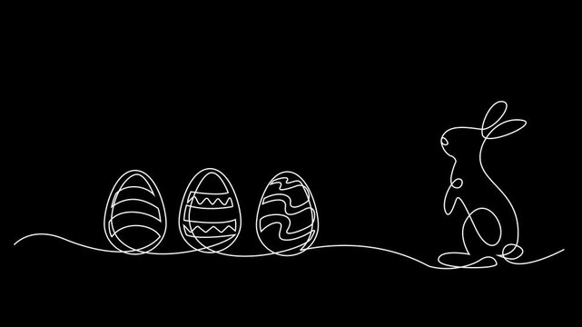 Self-drawing animation of minimalist Easter bunny and decorated eggs in continuous line art style on black background for holiday design.