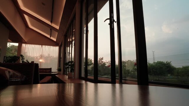 Modern lounge with floor-to-ceiling windows, China, Shanghai