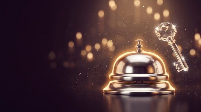Hospitality service luxury concept, Golden bell glows beside key, Warm bokeh lights dark background, Ideal for hotel travel themes