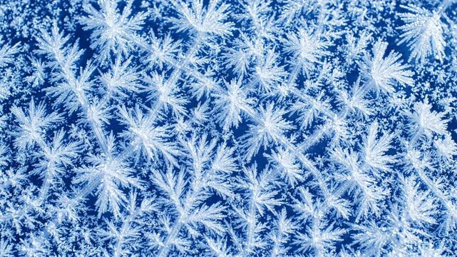 Intricate ice frost crystal snowflakes pattern forming on cold blue background for winter concept