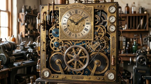 Intricate Steampunk Clockwork Mechanism with Gauges and Gears