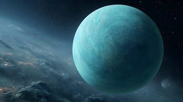 Blue gas giant planet Uranus orbiting in dark space with stars and distant moon in background view.
