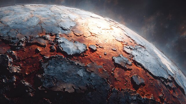 Close up view of cracked molten planetary surface with fiery glow beneath dark crust. Concept of global warming.
