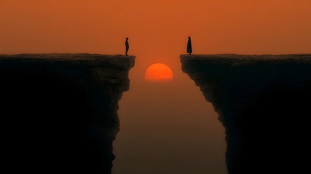 Silhouette of couple standing on cliffs separated by a gap during sunset. Concept of hope and overcoming division.