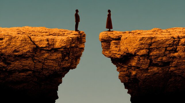 Silhouette of man and woman standing on opposite rocky cliff edges. Concept of gap, separation, and distance.