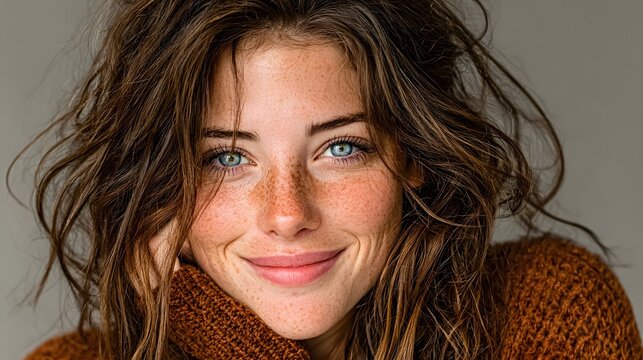 Close up portrait of smiling young woman with freckles and blue eyes wearing cozy sweater. Natural skin look.