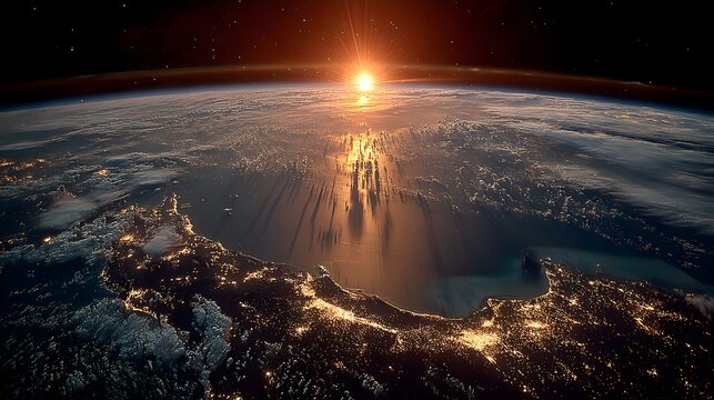 View of Earth from space showing sunrise horizon and glowing city night lights below. Orbital space perspective.
