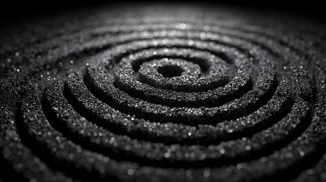 Macro view of black sand zen spiral pattern creating fingerprint texture. Concept of identity and security.